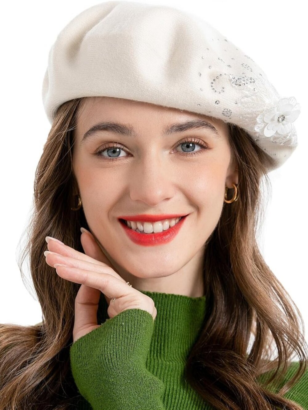 Women's French Beret Hat Reversible Solid Mosaic Warm Beret Cap Flower White